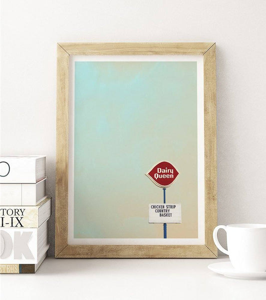 Texas home decor.  Dairy Queen sign on a big texas sky.  Clouds art.