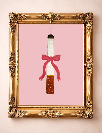 Fridge cig art: Cigarette with a Bow print by Tavi Crum in a gold frame