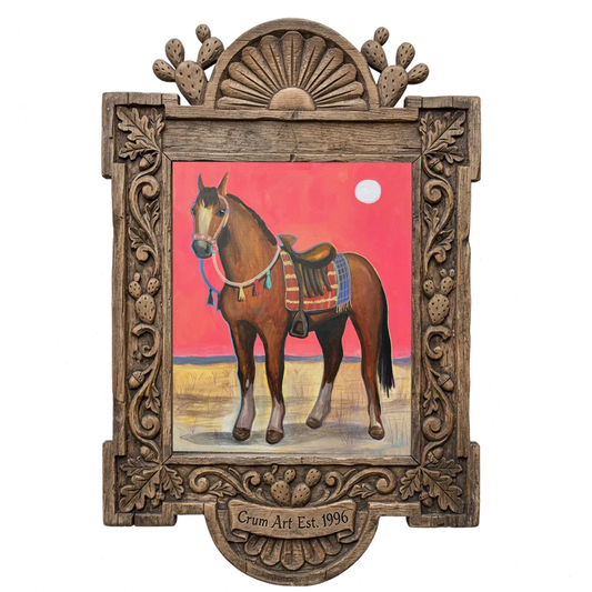 Saddled Horse Under a Pink Sky — horse art print by Caya Crum in a carved wood frame
