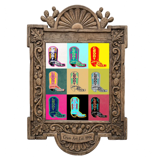 Leddy Boot Warhol — cowboy boot art print by Betsy Crum in a carved wood frame