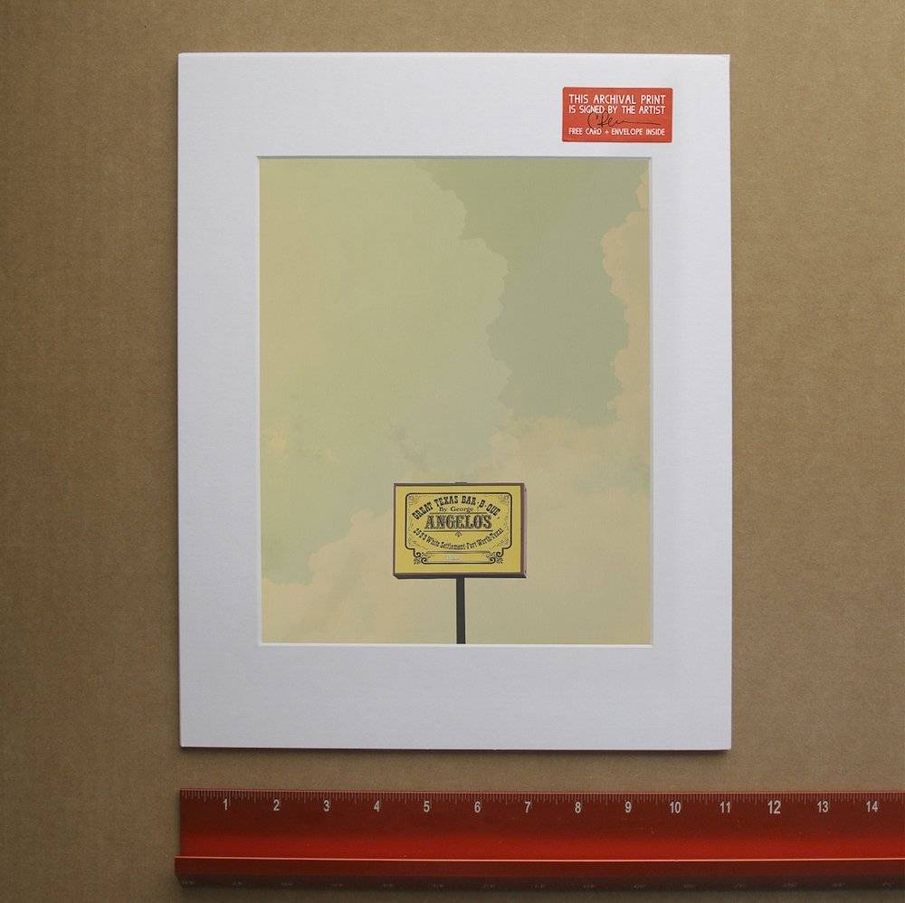 Angelos BBQ Art Print featuring a minimalist sign on a muted sky background, signed archival museum-quality giclée print.