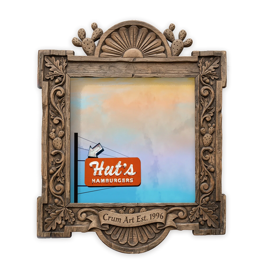 Hut's Hamburgers — Austin art print by Betsy Crum in a square carved wood frame