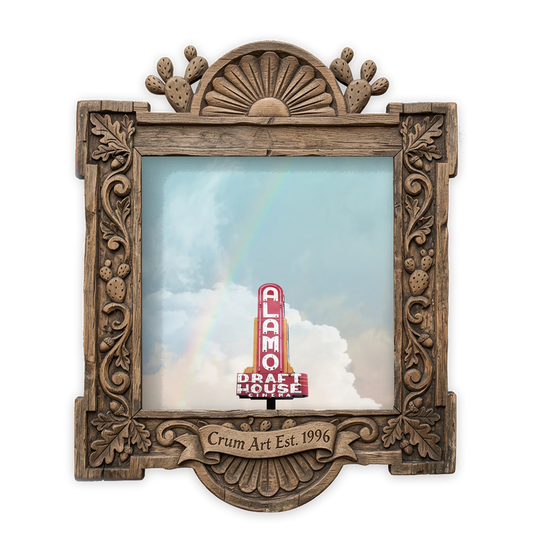 Alamo Drafthouse — Austin art print by Betsy Crum in a square carved wood frame