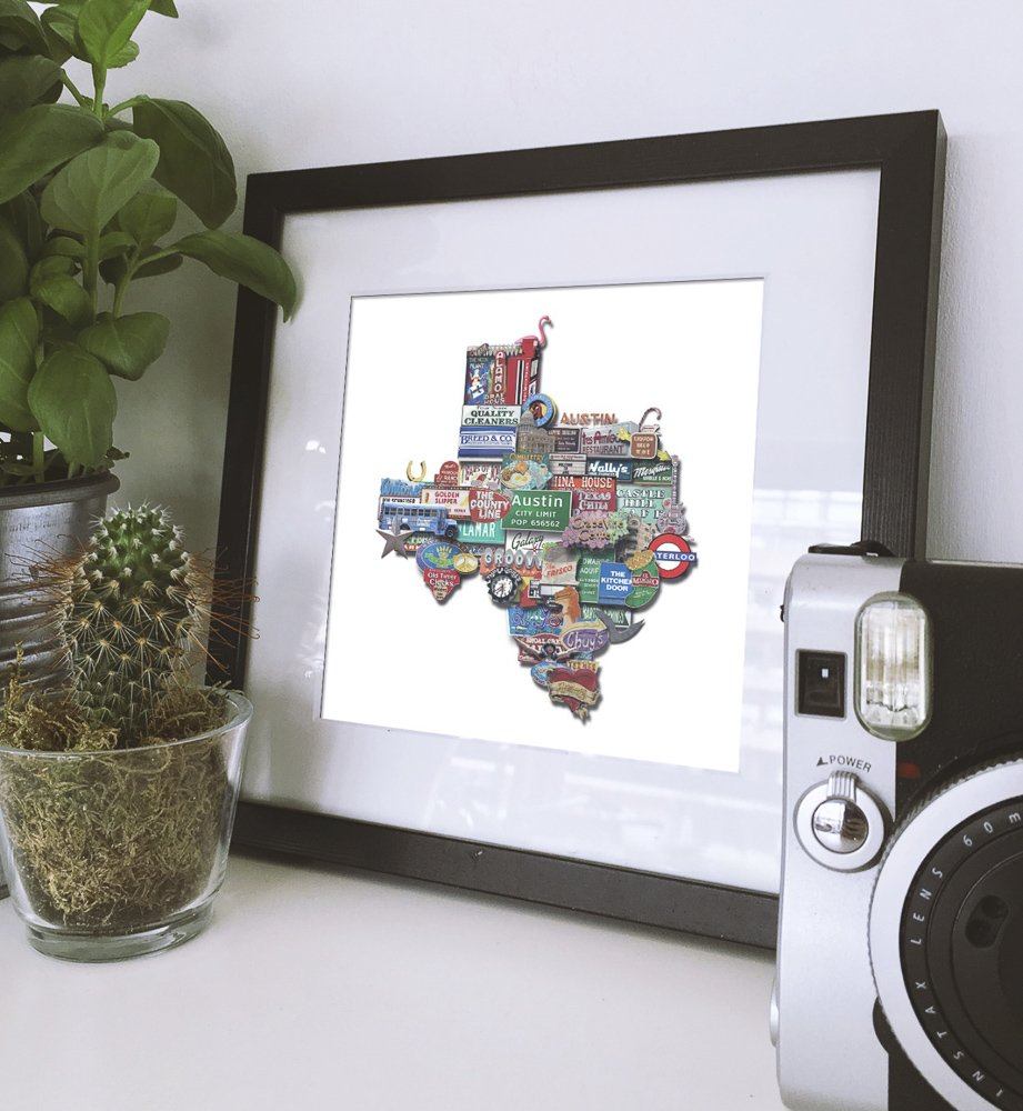 Austin Texas shaped photomontage framed print featuring popular Austin images on acid-free cotton paper