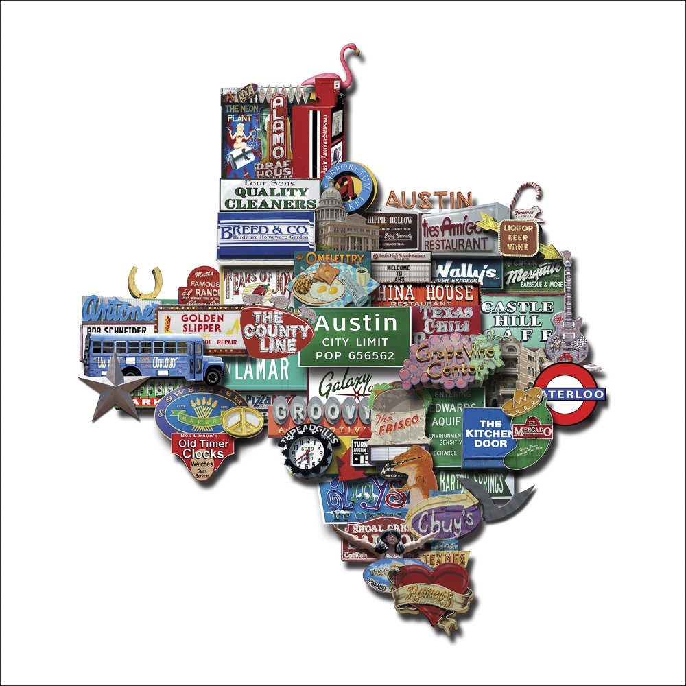 Austin Texas Shaped Photomontage collage of iconic Austin signs and landmarks in Texas state outline on white background