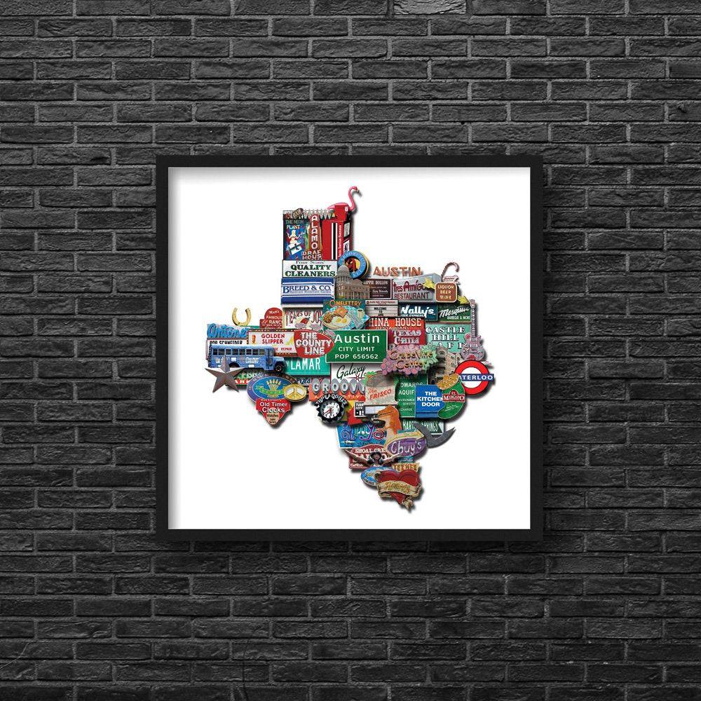 Austin Texas Shaped Photomontage featuring popular Austin images arranged in Texas shape, museum print on acid-free cotton paper in black frame