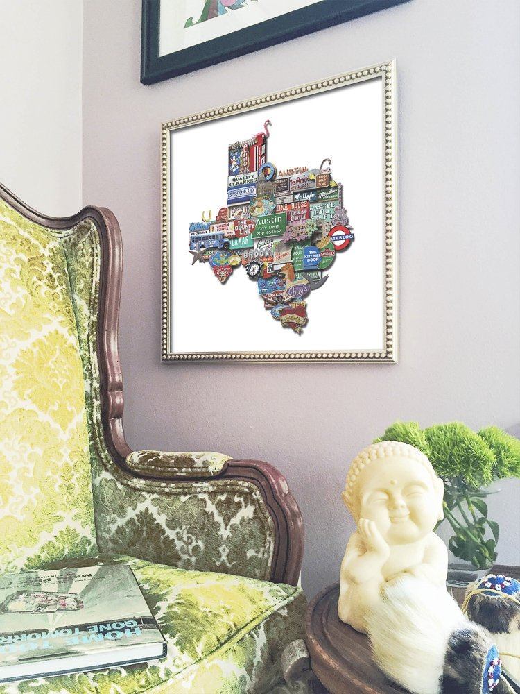 Austin Texas Shaped Photomontage wall art featuring iconic Austin images in Texas shape framed above vintage green armchair and small table with Buddha statue