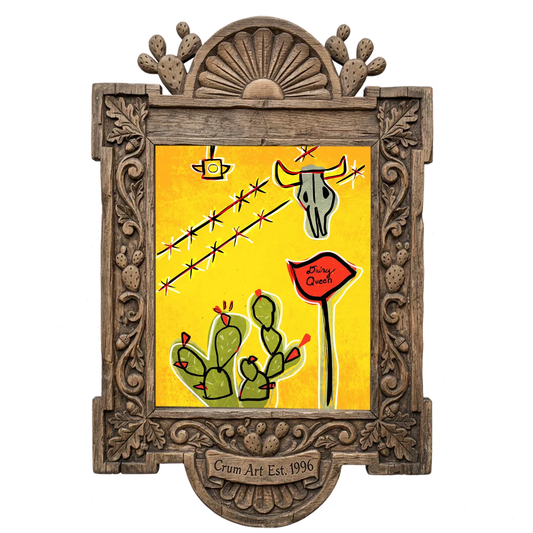 Dairy Queen Prickly Pear & Cow Skull — cactus art print by Betsy Crum in a carved wood frame