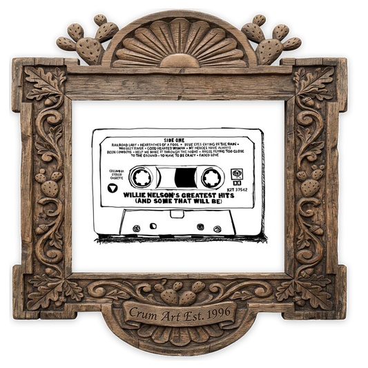 Willie Nelson Cassette B&W — music wall art print by Betsy Crum in a horizontal carved wood frame