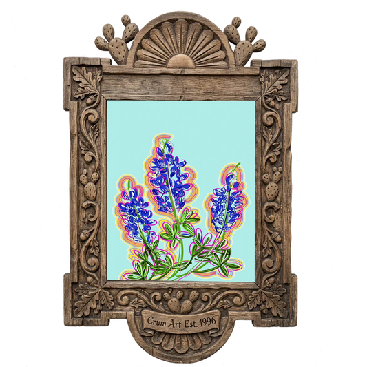 Blue Hill Country — bluebonnet painting as an art print by Betsy Crum in a carved wood frame