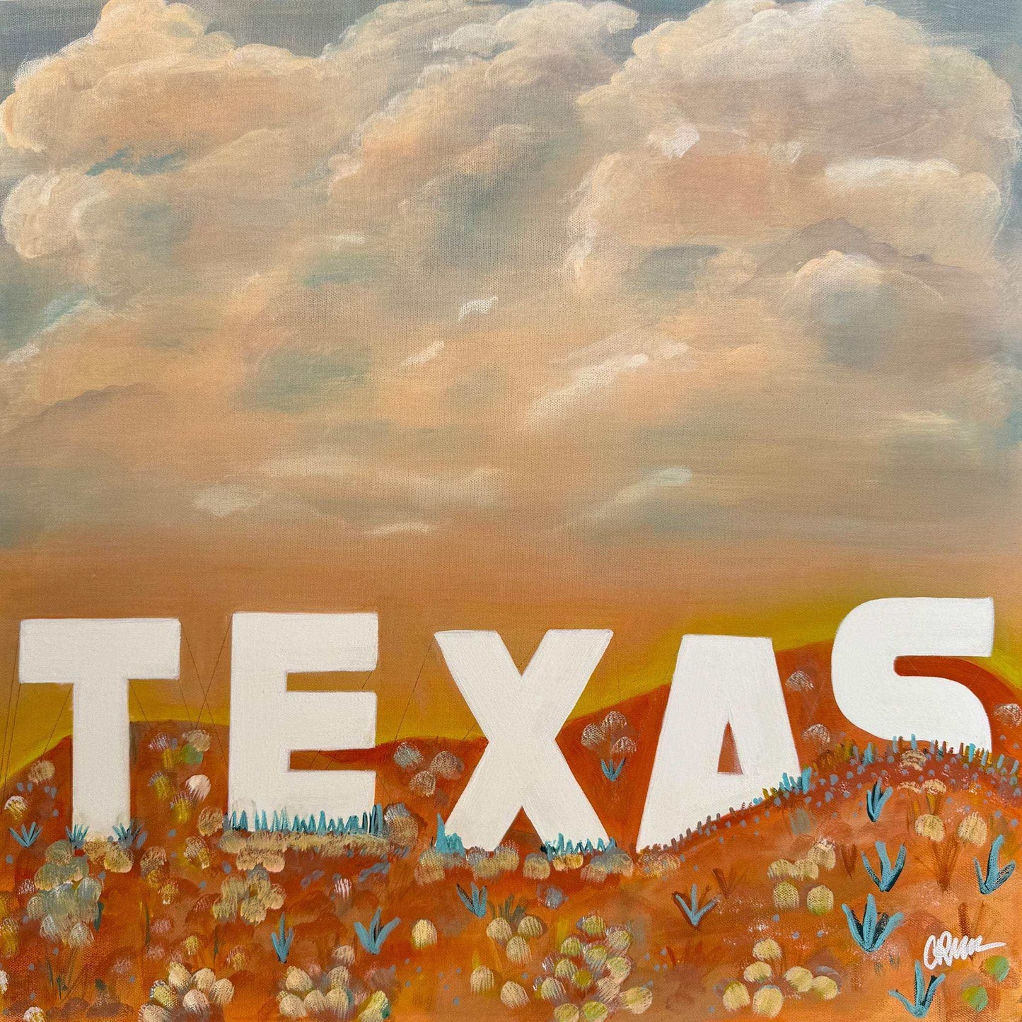 Texas Hollywood Sign Art Print by Betsy Crum featuring bold white letters on a warm landscape with a cloudy sky background