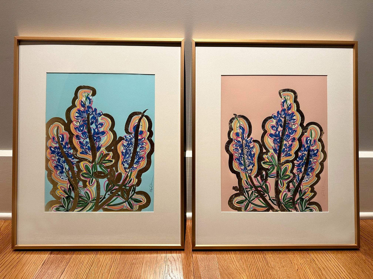 Blue Bonnet Art Print - Framed Texas Blue Bluebonnet Art Print art by Betsy Crum with colorful floral designs on blue and pink backgrounds