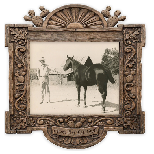 JY Crum Rancher — western art print by Carl Crum in a horizontal carved wood frame