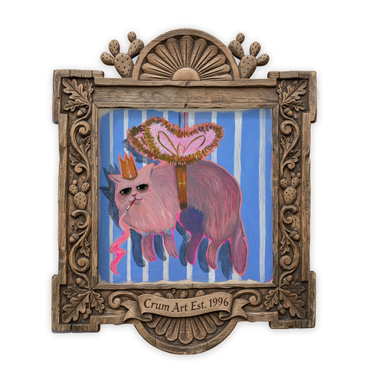Fluffy Angel Cat — cat art print by Caya Crum in a square carved wood frame