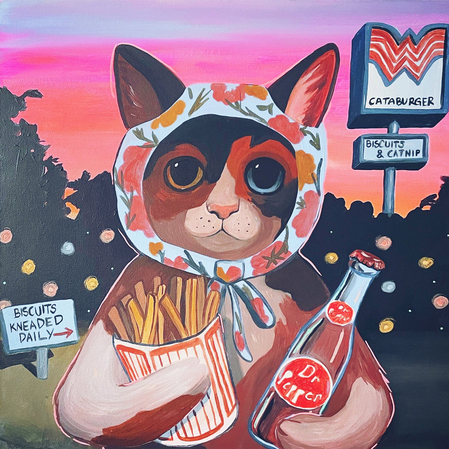 Cataburger Calico Cat Art Print – Whataburger Cottage Core Cat and Dr Pepper Print | Caya Crum Art Crum Art