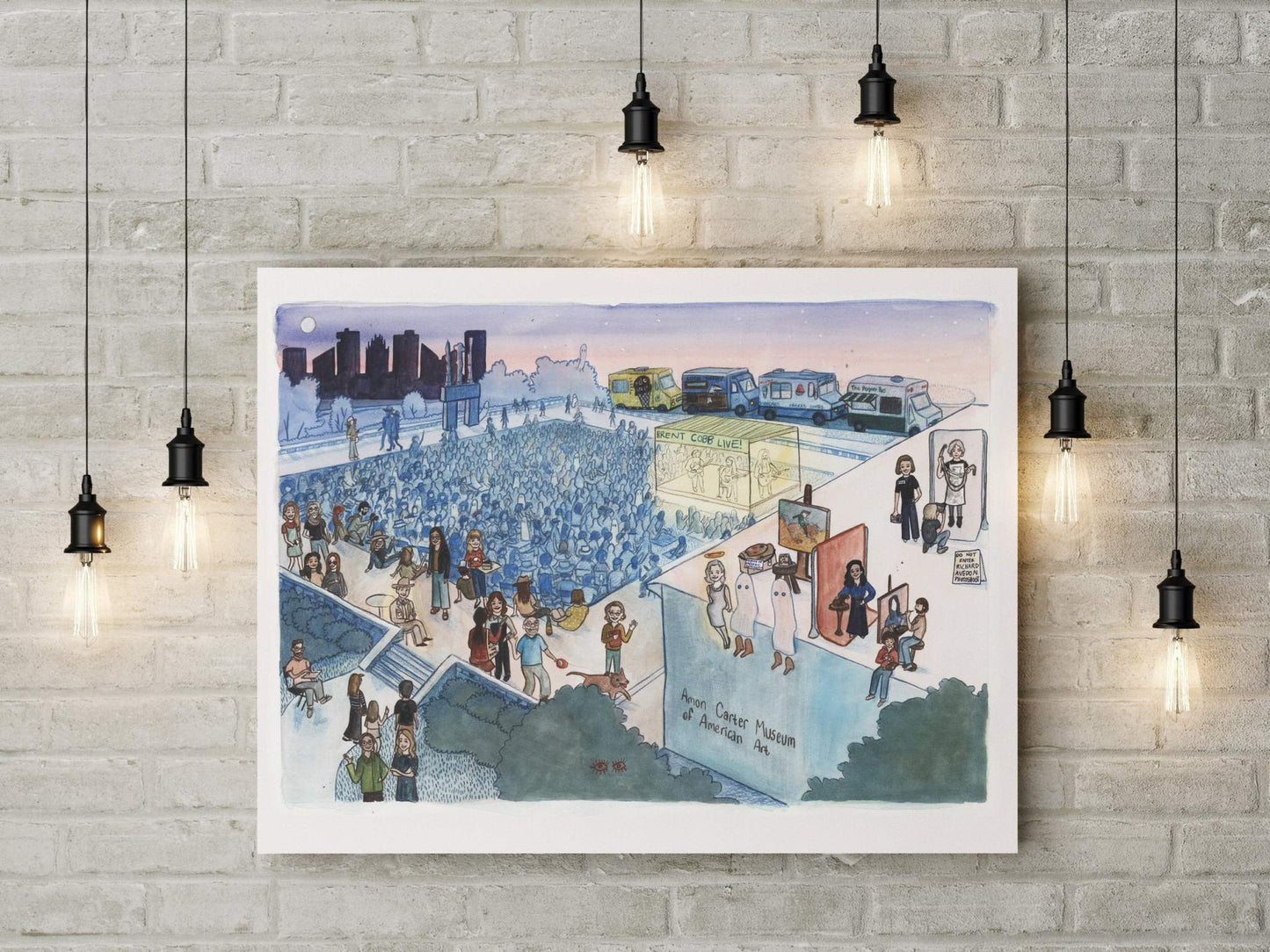 Amon Carter Party on the Porch vibrant art print by Caya Crum depicting a full moon gathering at Amon Carter Museum