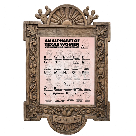 Alphabet of Texas Women — Texas art print by Caya Crum in a carved wood frame