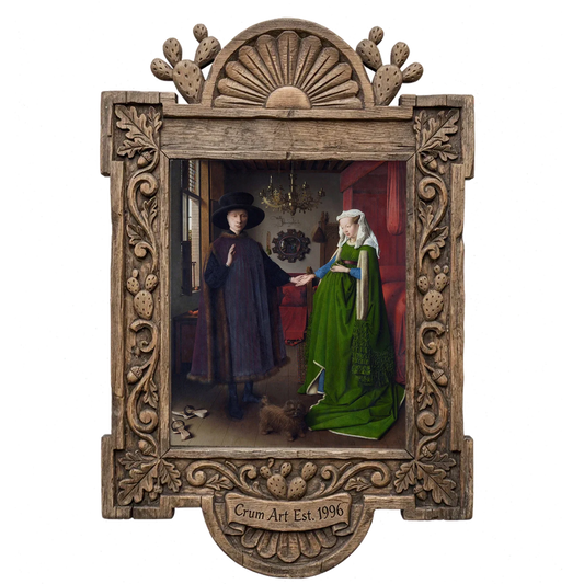 Taco Bell Arnolfini Wedding — weirdcore art print by Caya Crum in a carved wood frame