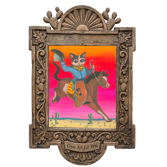 Smokey Cowboy Cat — cat art print by Caya Crum in a carved wood frame