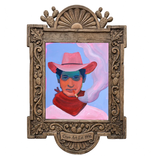 Smoke Ring Cowboy — cowboy art print by Caya Crum in a carved wood frame