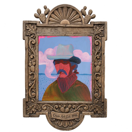 Sunburned Mustache Cowboy — cowboy art print by Caya Crum in a carved wood frame