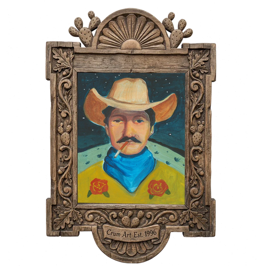 Smoking Cowboy — cowboy art print by Caya Crum in a carved wood frame