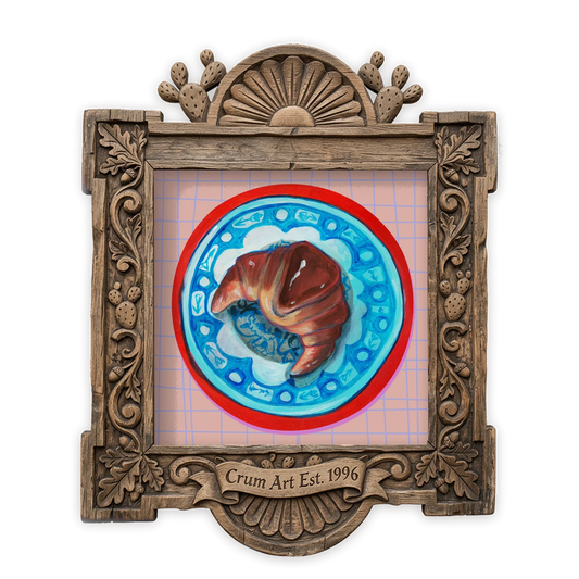 Croissant on a Chinoiserie Plate — kitchen art print by Caya Crum in a square carved wood frame
