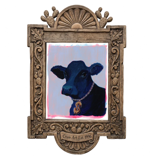 Money Cow Pink Pop Art — cow art print by Caya Crum in a carved wood frame