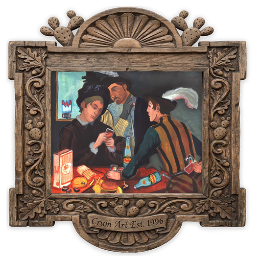 Old Masters Card Sharps — Topo Chico art print by Caya Crum in a horizontal carved wood frame