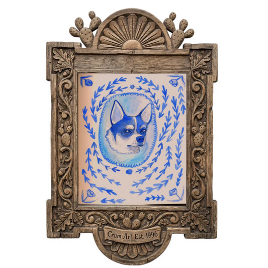 Edith Dare the Chihuahua — dog art print by Caya Crum in a carved wood frame