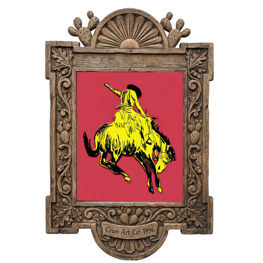 Bucking Horse Yellow Pink — rodeo art print by Caya Crum in a carved wood frame