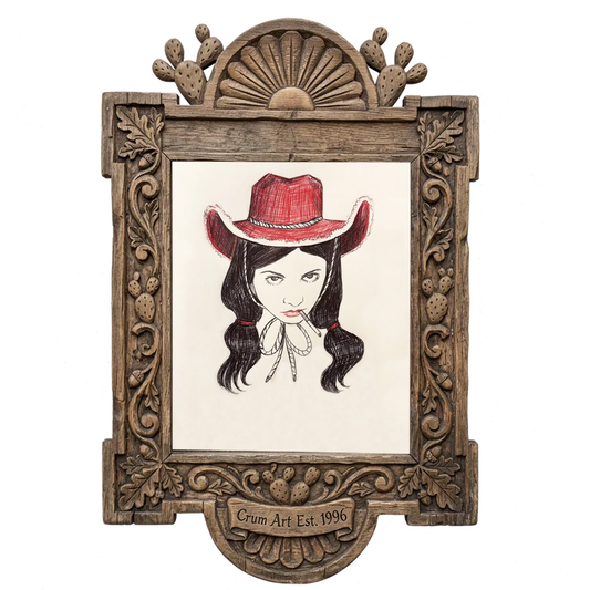 Tavi — cowgirl art print by Caya Crum in a carved wood frame