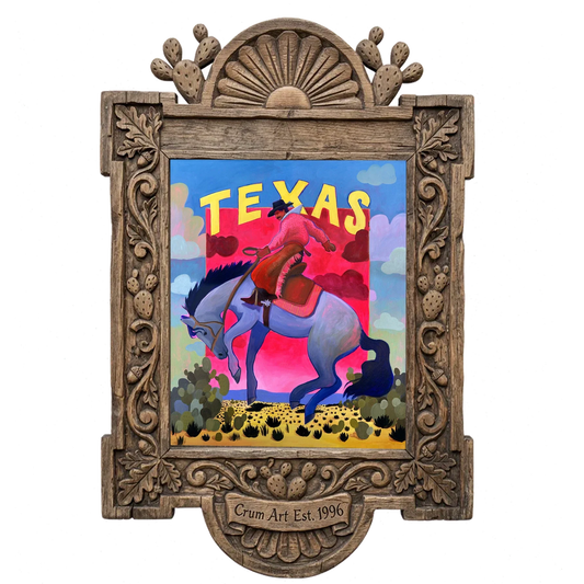 Bronc Buster Cosmic — western art print by Caya Crum in a carved wood frame