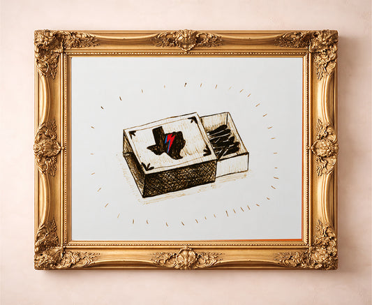 Bowie Texas matchbox art print by Caya Crum in a 16x20 gold frame