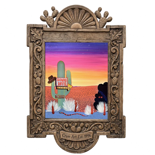 Howdy Hotel Neon — cactus art print by Caya Crum in a carved wood frame