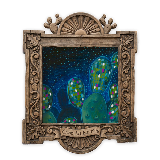 Disco Cactus Pink — cactus art print by Caya Crum in a square carved wood frame