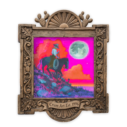 Cowboy & Cowgirl Full Moon — cowboy art print by Caya Crum in a square carved wood frame