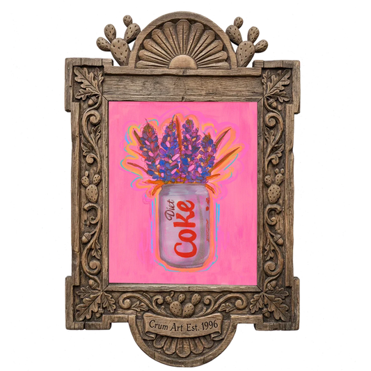 Diet Coke & Bluebonnets — kitchen art print by Caya Crum in a carved wood frame