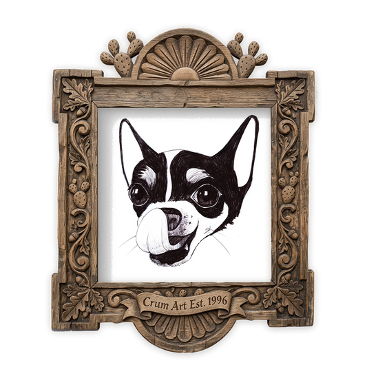 Chihuahua Pen & Ink — dog art print by Caya Crum in a square carved wood frame