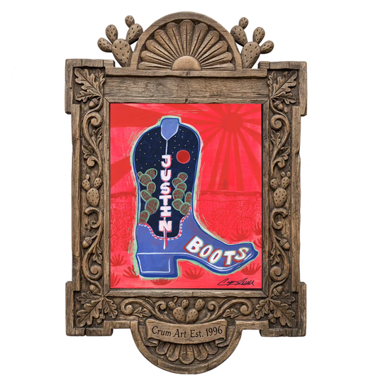 Justin Boot — cowboy boot art print by Caya Crum in a carved wood frame