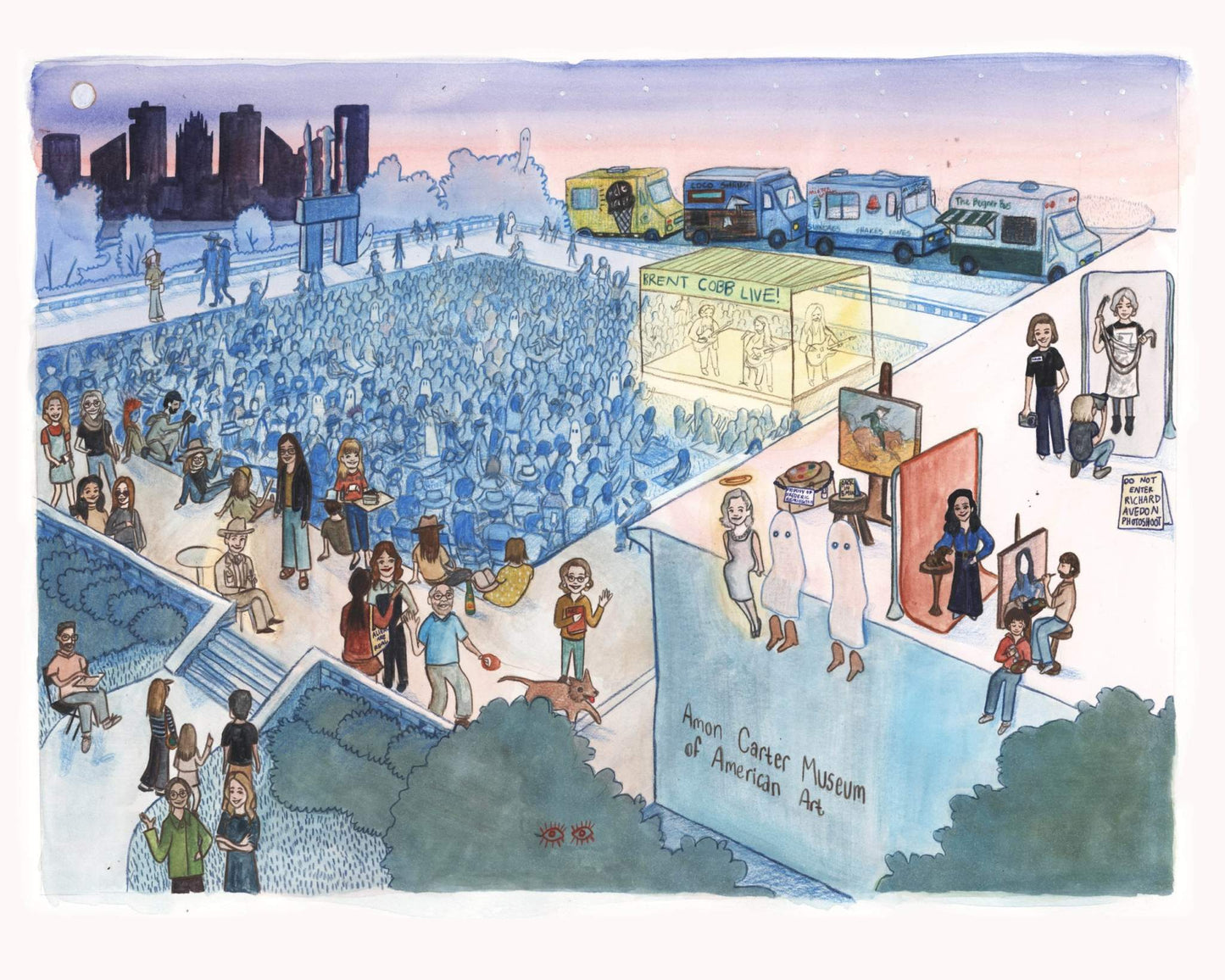 Illustration of a lively party at Amon Carter Museum of American Art featuring people enjoying art and live music under a full moon.