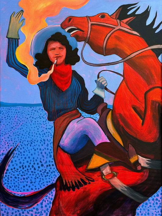 Ride 'Em Cowgirl Print - Mildred Steed | Smoking Cowgirl on a Bucking Horse wall Decor | Caya Crum Art | Crum Art