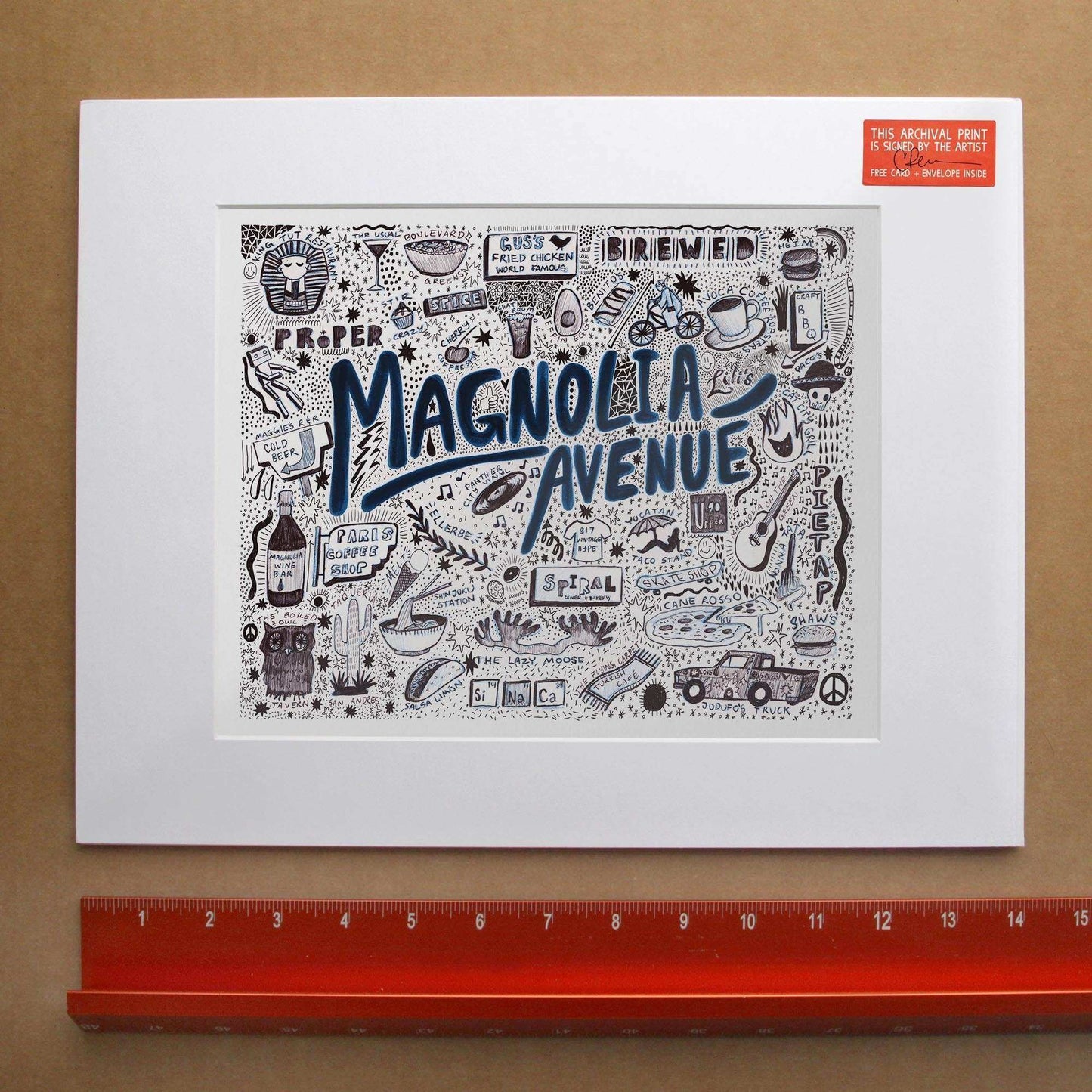 Fort Worth Magnolia Pen & Ink Icons art print on cotton rag paper by Caya Crum with handwritten Magnolia Avenue design and Texas-themed illustrations