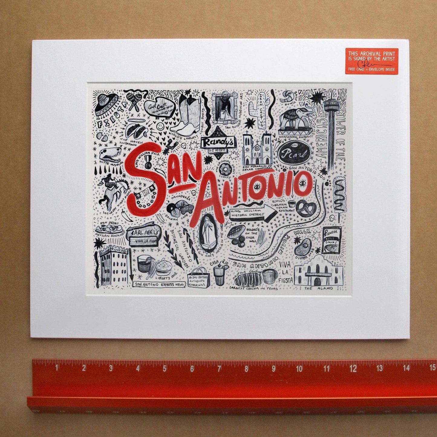 San Antonio Icons pen and ink illustration art print by Caya Crum featuring iconic San Antonio landmarks and signs