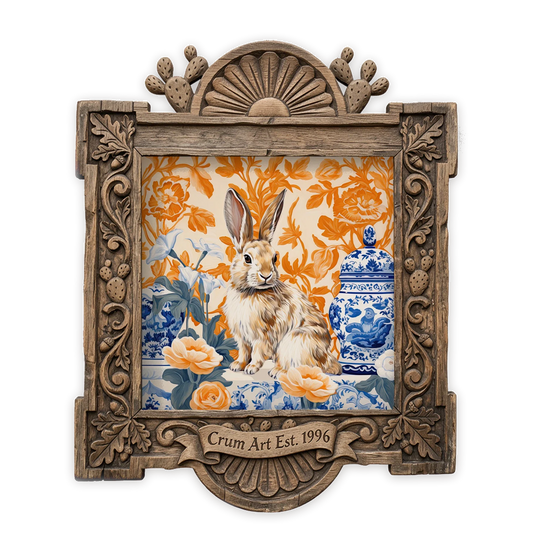Blue & White Rabbit — chinoiserie art print by Crum Art in a square carved wood frame