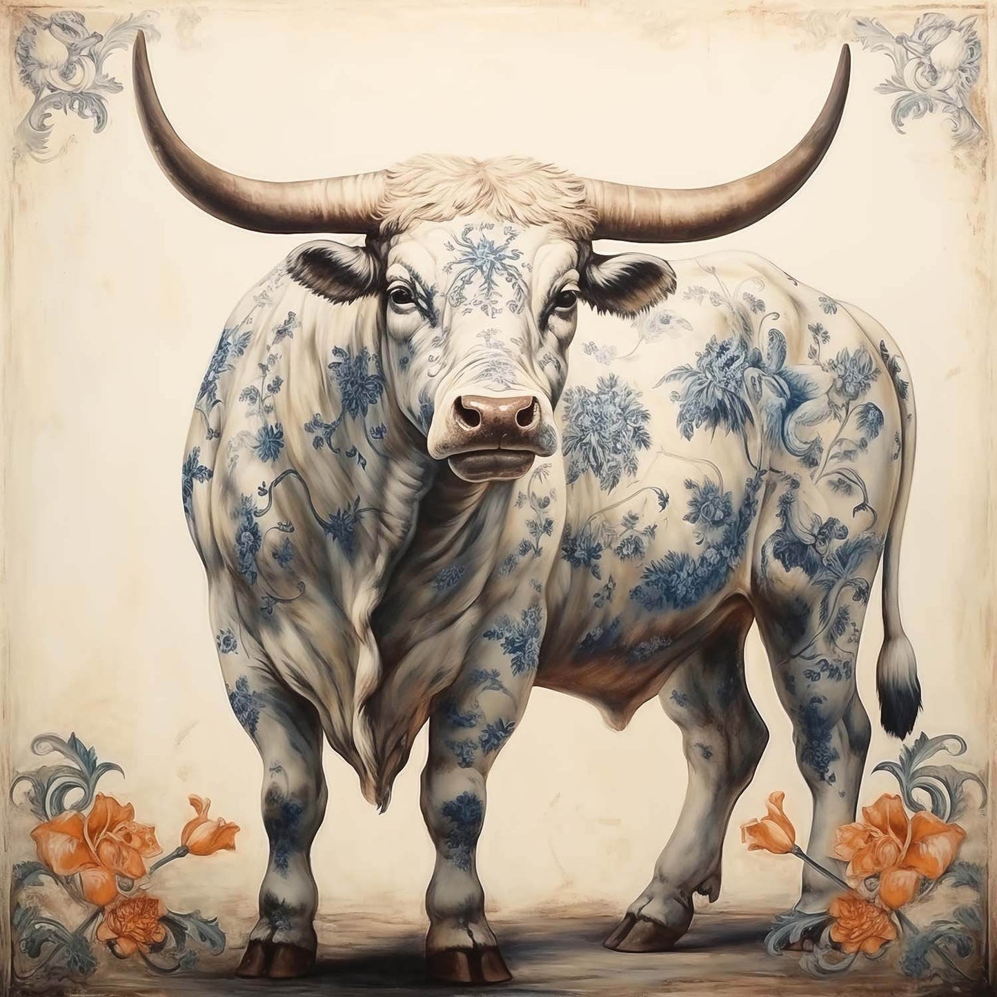 Chinoiserie Bull Print featuring a blue and white porcelain floral patterned steer with orange flowers on a beige background