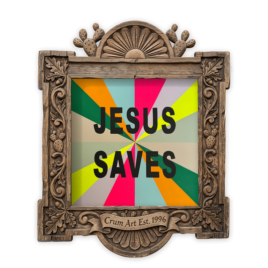 Jesus Saves Pop — Christian art print by Betsy Crum in a square carved wood frame