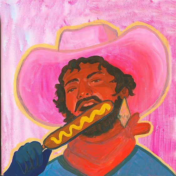 Illustration of a cowboy wearing a large pink hat and bandana eating a mustard-topped corn dog against a pink background, Corn Dog Cowboy art print by Caya Crum
