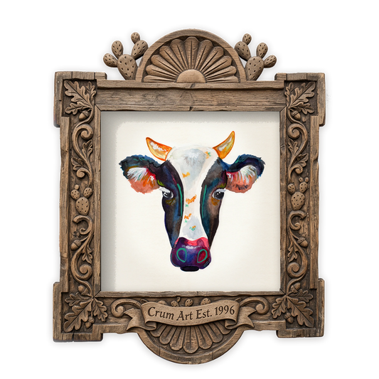 Watercolor Cow Portrait — cow art print by Caya Crum in a square carved wood frame
