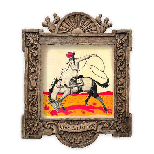 Roping Scene — cowgirl art print by Caya Crum in a square carved wood frame
